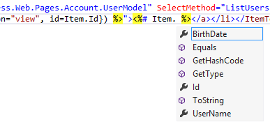 Screenshot of Visual Studio showing Intellisense in asp.net markup